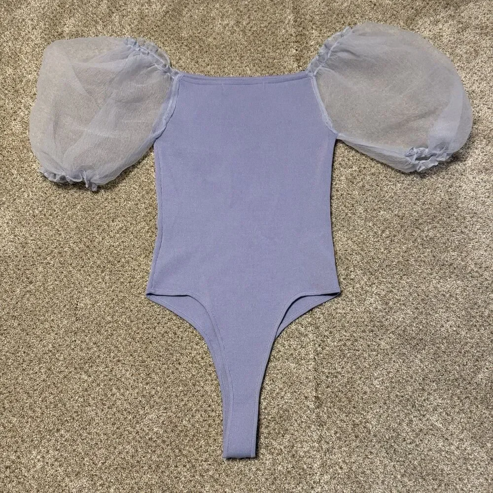 ASTR the Label Darling Sheer Puff Sleeve Ribbed Bodysuit Periwinkle Medium